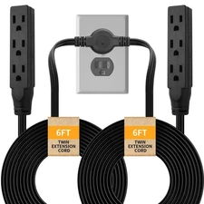 Twin Extension Cord, 12 Ft Flat Wall Plug, 6 Feet on Each Side, 3 Prong Power...