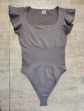 OQQ Women's Ribbed Brown Bodysuit  Square Neck Flutter Sleeve Size Large