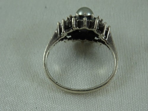 Faux Silver Grey Pearl Marcasite Starburst Sterling Silver Ring 17mm size 8.5 - Picture 9 of 16