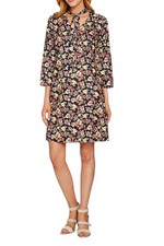 Du Jour Women's Floral Printed 3/4 Slv Dress with Neck Tie Detail Navy