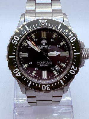 Deep Blue DAYNIGHT 41 TRITDIVER T-100 AUTO DIVE WATCH-BLK DIAL GREEN BEZEL 