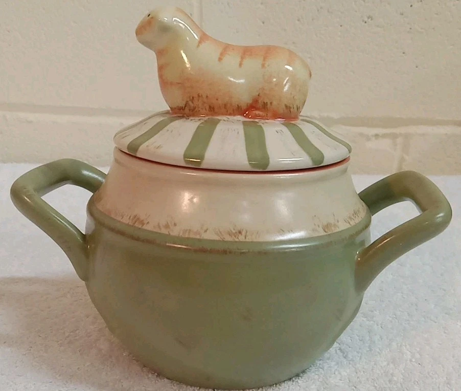 Nikko Sheep Canister Jar Sugar Bowl 2 Handle Country Market Collection Green