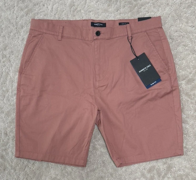 NWT Kenneth Cole Mens Chino Shorts 38 Red Earth Slim Fit 8" Inseam Stretch