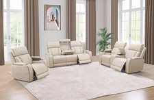 NEW Cream Beige LED Power Recliner 3PC Sofa Loveseat Chair Set Wireless Charging