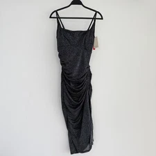 Popilush Dress Medium Black Silver Metallic Knit Bodycon Slip Sparkly Glam NYE