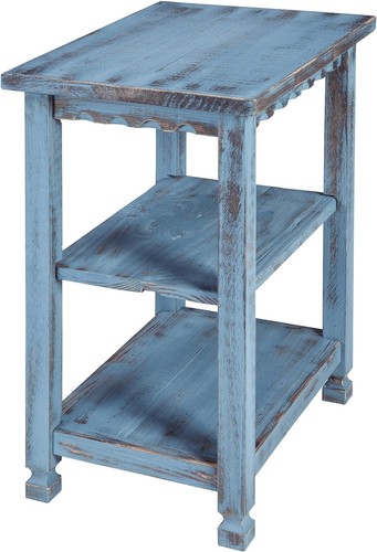 Rustic Cottage End Table with 2 Shelves - Farmhouse Style | 15D Blue Antique