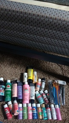 Bundle Lot Of 25+ Used Acrylic Paints And 40+ Brushes Set