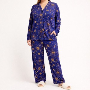 Room Service Women's Celestial Pajama Set Blue Gold Sun Moon Starburst Large