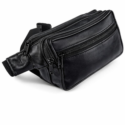 Men's Genuine Leather Black Fanny Pack Multi Zippered Waist Hip Belt Bag Pouch