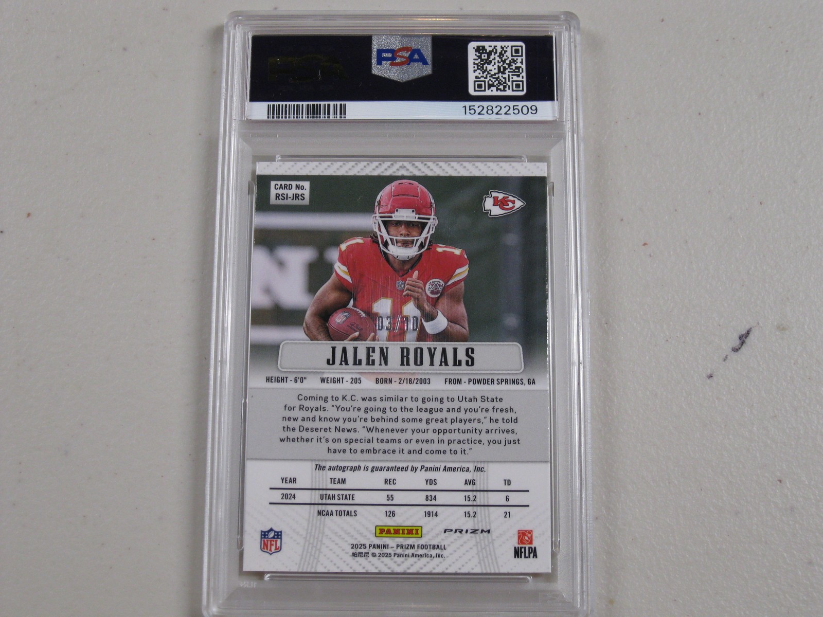 2025 Prizm Retro 2012 Gold Prizm Autograph Auto #JRS Jalen Royals 03/10 RC PSA 9 view 2