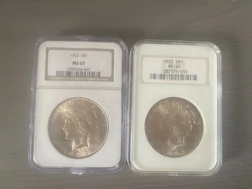 TWO 1923 Peace Liberty Silver Dollar US Coin 90% Silver ICG MS63
