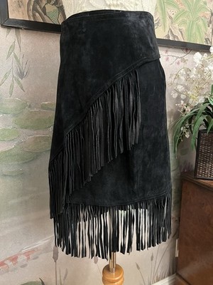 VTG Cedars Black  Genuine Leather Suede Fringe Wrap Skirt Western M Fits Small