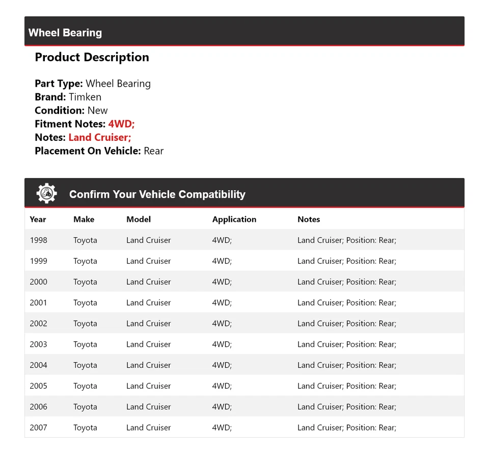 Para 1998-2007 Toyota Land Cruiser 4WD rolamento de roda traseiro Timken 1999 2000 2001 - Imagem 2 de 4