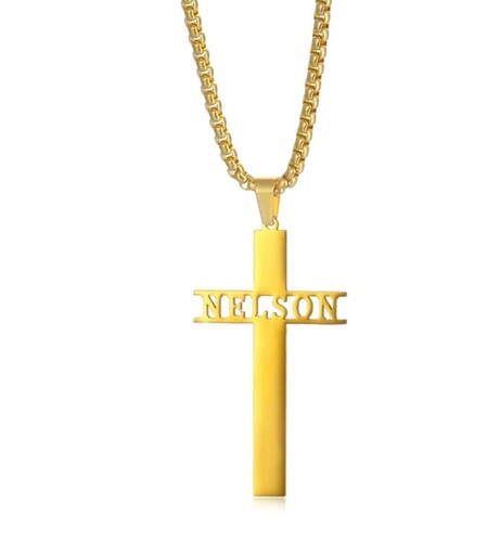 No Stone Custom Name Necklace Cross Pendant Men Women 14k Yellow Gold Plated - Picture 4 of 6
