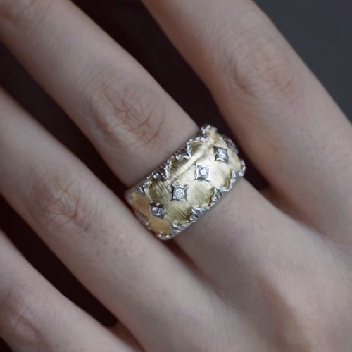 Vintage Italy Satin Texture Carving Craft Natural Diamond Ring 14K 2-Tone Gold - Picture 7 of 9