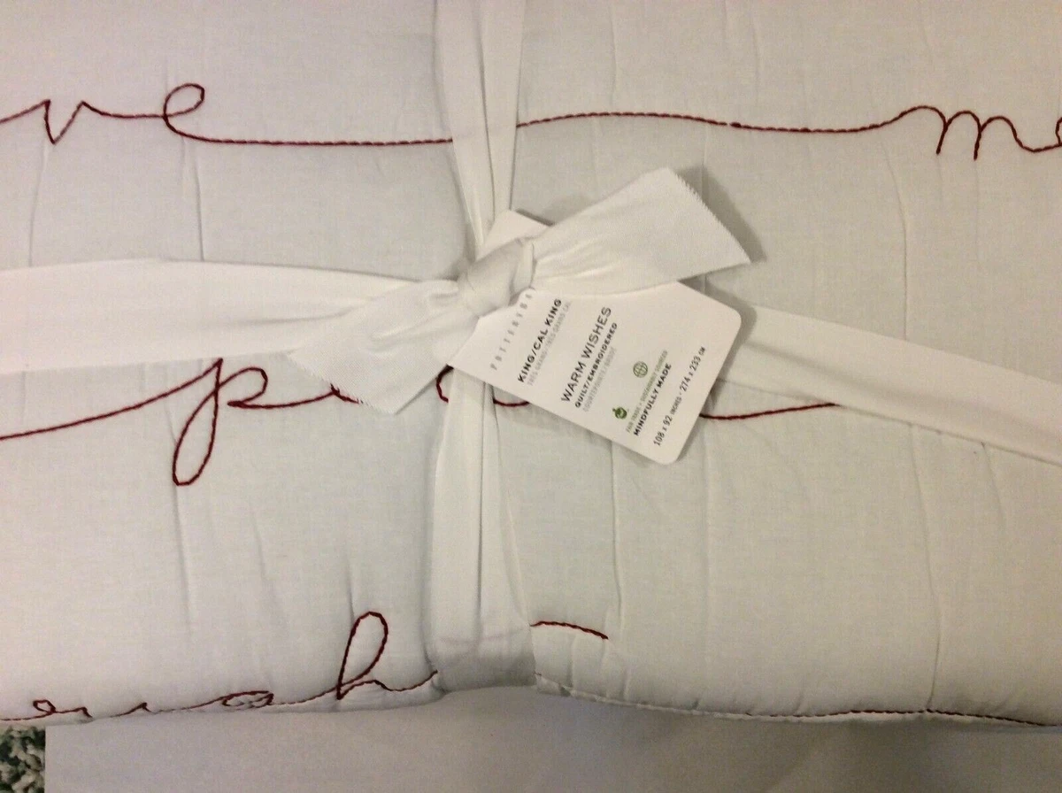 Pottery Barn King Warm Wishes Sentiment Quilt Christmas Holiday Red White NWT