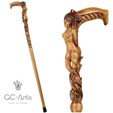 Wooden Hand Carved Сane Walking Stick Crafted Forest Fairy Girl Fantasy Magic 