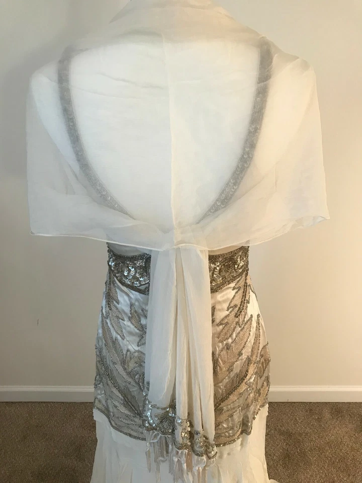 Vestido y chal Sue Wong marfil/bronce seda con cuentas a mano - talla 4 - nuevo con etiquetas Foto 4 de 4