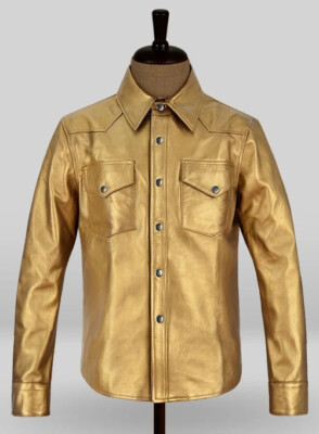 Classic Men's Golden Leather Shirt Jacket Real Lambskin Custom Made Party Shirt