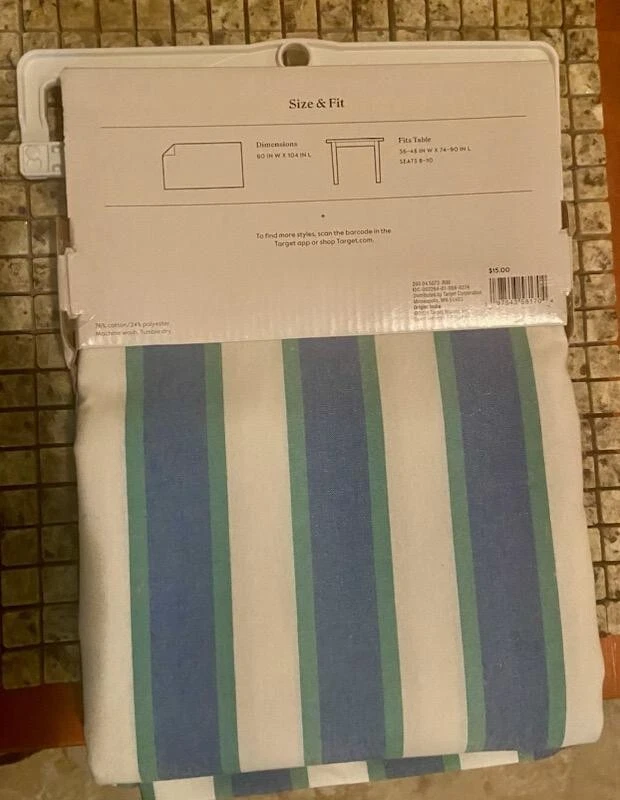 Threshold Quality Fabric Blue Green White Striped Rectangular Tablecloth - Image 2 of 4