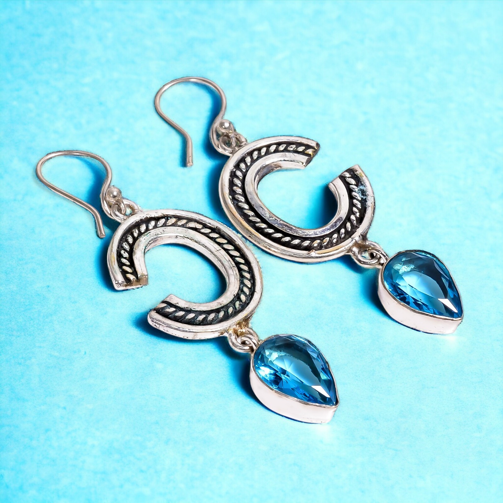 Gift For Her 925 Silver Natural Swiss Blue Topaz Drop/Dangle Birthstone Earrings