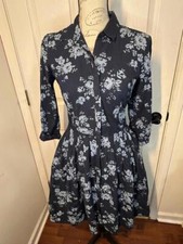 Gap Navy Blue Button Down Collard Floral 100% cotton Dress Women's Size XS