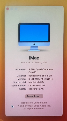 Apple iMac 2017, Retina 4K, Intel i5 3Ghz Quad Core, 8GB, 1TB, Ventura 13.7.6 - Afbeelding 3 van 4
