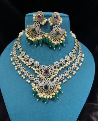 Indian Bridal Two Layer CZ Stone Necklace Set With Earrings Jewelry  For women