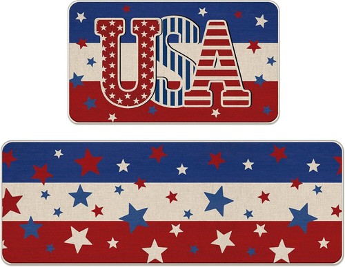 4th of July USA Patriotic Kitchen Rugs Set of 2 America Blue White Red Stars - Picture 1 of 3