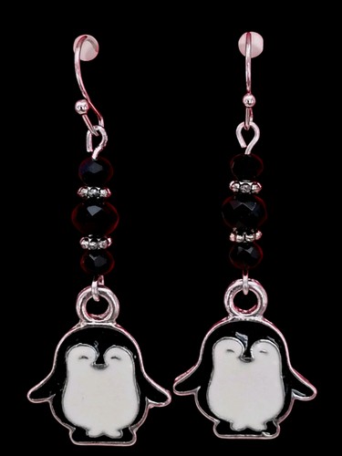 Handcrafted BLACK BEAD SILVERTONE PENGUIN Dangle Hoop Earrings HYPOALLERGENIC - Picture 20 of 24