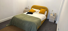 Yellow Upholstered Fabric Double Bed Frame w/ Headboard & Memory Foam Mattress