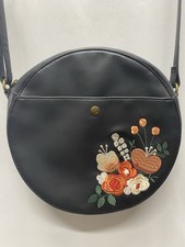 Boho crossbody purse circle embroidered floral plants black western beachy