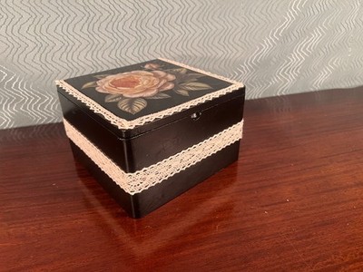 Upcycled Embellished Keepsake or Vanity Box, Black with Cream Rose and Lace