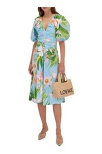 CAROLINA HERRERA Ruched Poplin Midi Dress Belted Tropical Flower Aquamarine NWOT