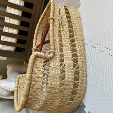 Plum  Sparrow Natural Wood Rocking Stand Moses Open Weave Basket Leather READ