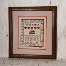 Framed Cross Stitch Welcome Sampler Approx. 10 X 12 Inches Signed Kay Wood Frame