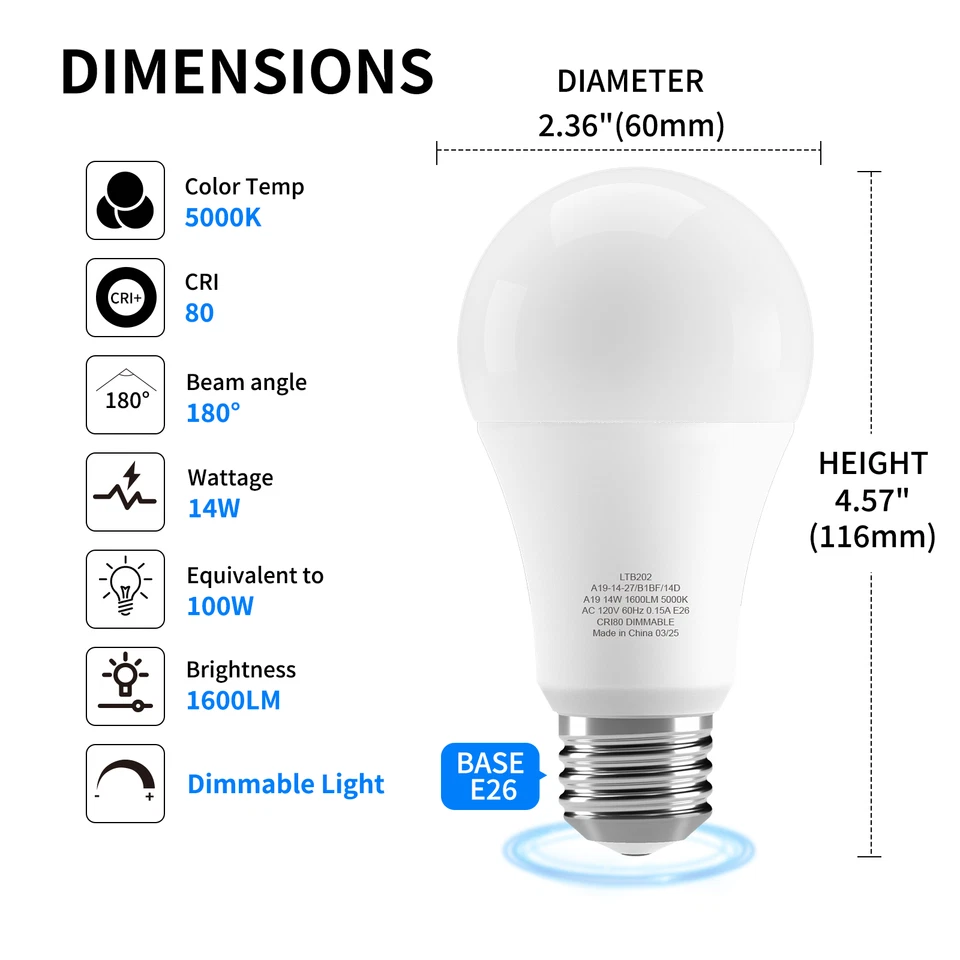 6/12/24PACK 14W =100W Dimmable Bright White A19 LED Light Bulbs 5000K Daylight - Image 2 of 4