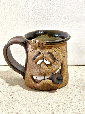Vintage 1960's Ron Scharf Funny Face Mug Cup Man w/ Creature Pottery Stoneware