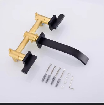 Wall Mount Tub Filler AUU Brushed Gold Sink Faucet Long Spout Reach, 2 Level