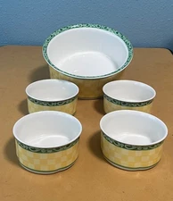 6 Villeroy & Boch Summerhouse Yellow Checks Green Rim White Soup / Cereal Bowl