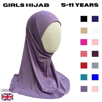 Yaqeen Girls plain Instant Headscarf Hijab, instant Pull On school Scarf 5-11