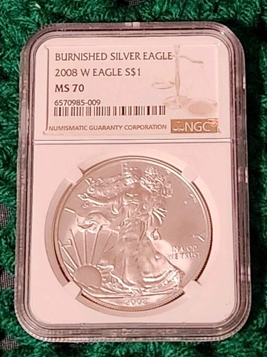 MS70 2008 BURNISHED SILVER EAGLE NGC CLASSIC BROWN LABEL 