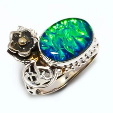 Triplet Fire Opal Handmade Silver Plated Bali Ring s.7 S2664, Christmas Gift