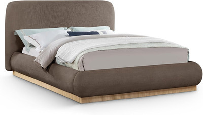 Art Deco King Bed in Rich Brown Linen with Fluted Base - 86''W x 90''D