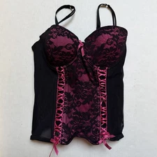 Seven Til Midnight Womens Medium Pink Black Corset Lingerie Bustier  Tie Front
