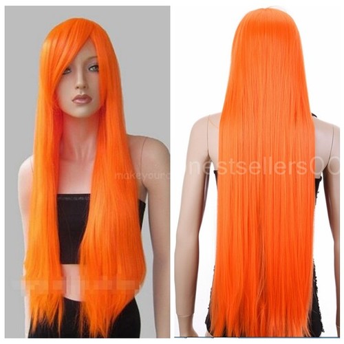 Supper Long 40" Fashion Women Long Orange Cosplay Straight Wigs with Bangs - Picture 2 of 9