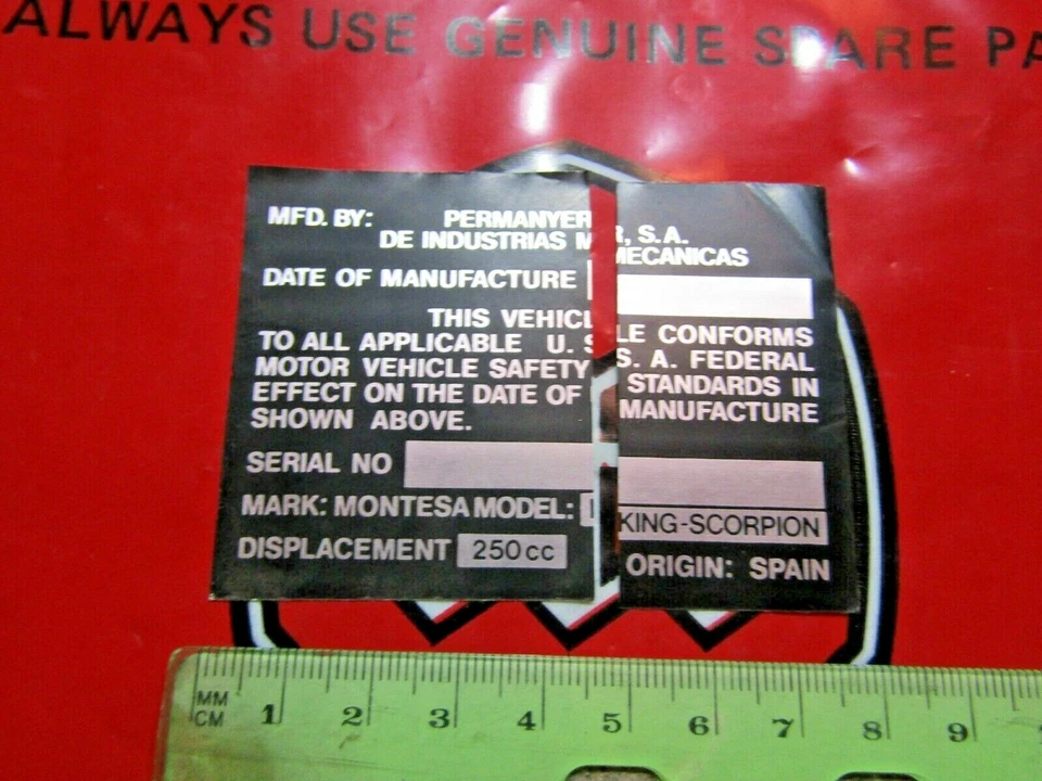 Calcomanía Montesa King Scorpion 250 VIN marco p/n calcomanía NOS 34M 44M 1970-1976 Foto 2 de 3