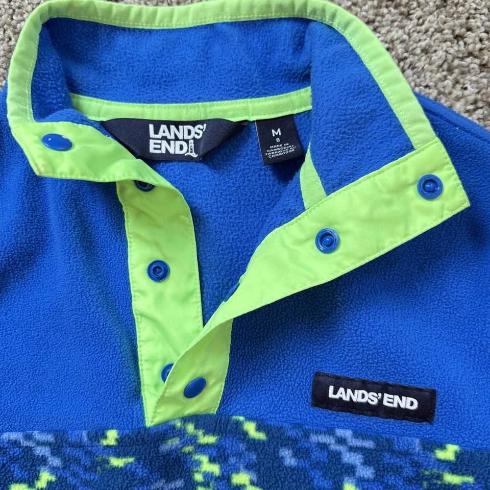 Lands End Sweatshirt Fleece Snap Pullover Hivis Blue Neon Green Pockets Size M - Imagem 2 de 3