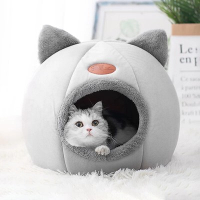 Gemütliches Winter Katzenbett & kleine Hundehütte - Tiefschlafkomfort mit weichem Mattenkorb
