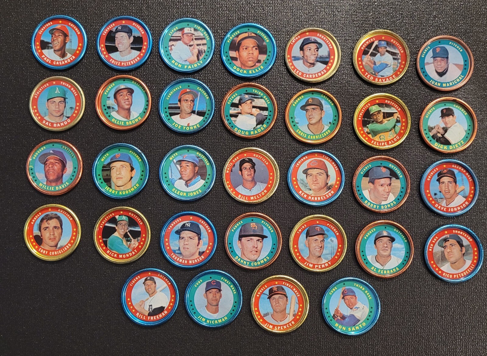 32 LOT OF 1971 TOPPS BASEBALL COINS MUNSON KOOSMAN CONIGLIARO BONDS TORRE SANTO
